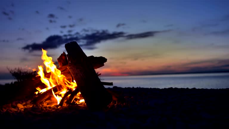 JD1080p: MEDIUM shot of a bonfire on the beach in the sunset.